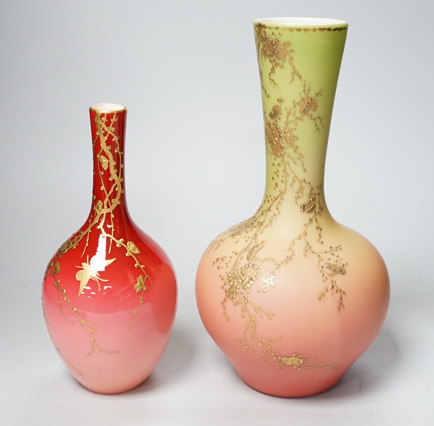 A gilded glass vase in the style of Jules Barbe and one other gilded coloured glass vase, tallest 30cm